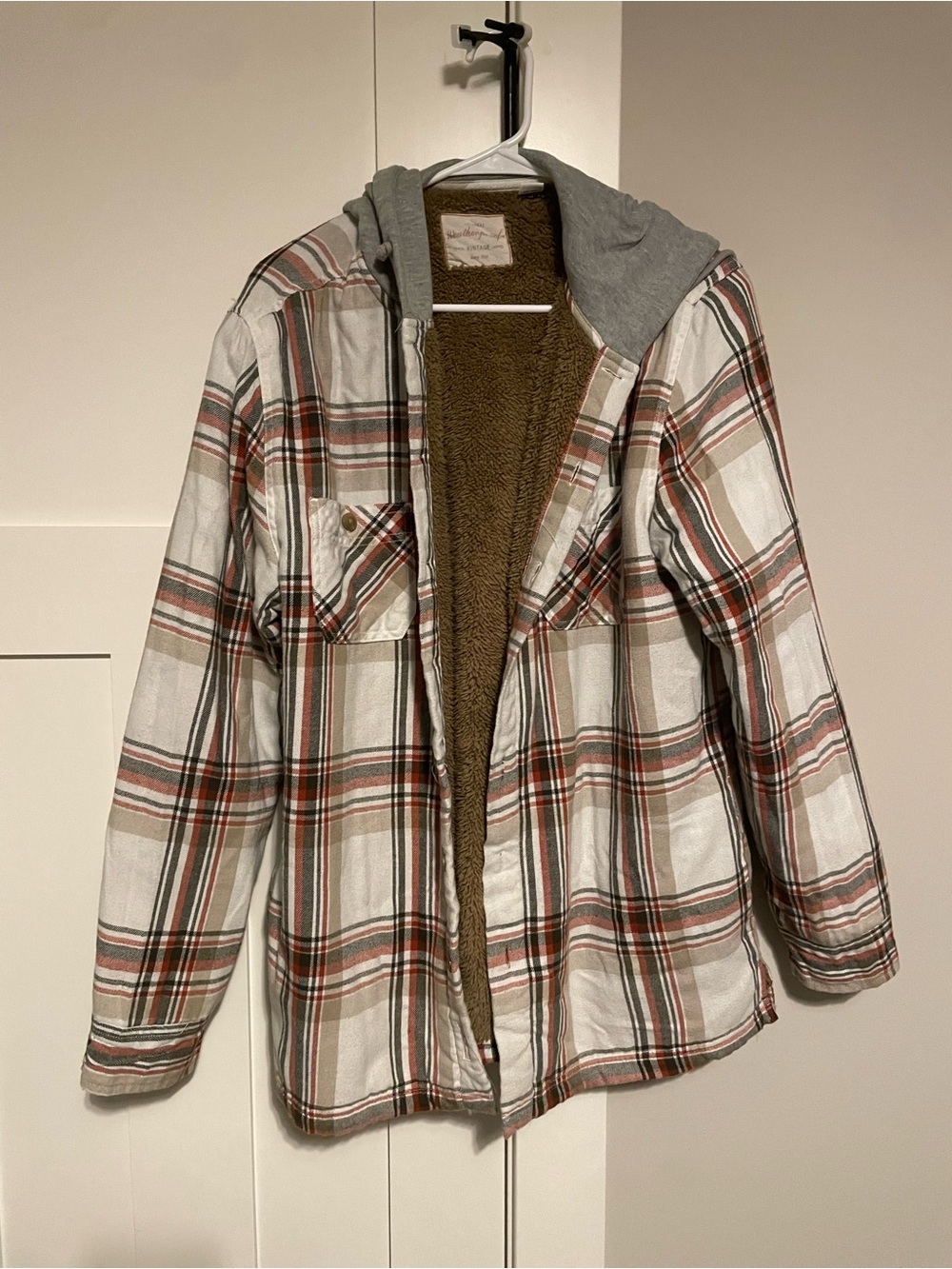 Men's Plaid Sherpa-Lined Hooded Jacket - White/Brown
